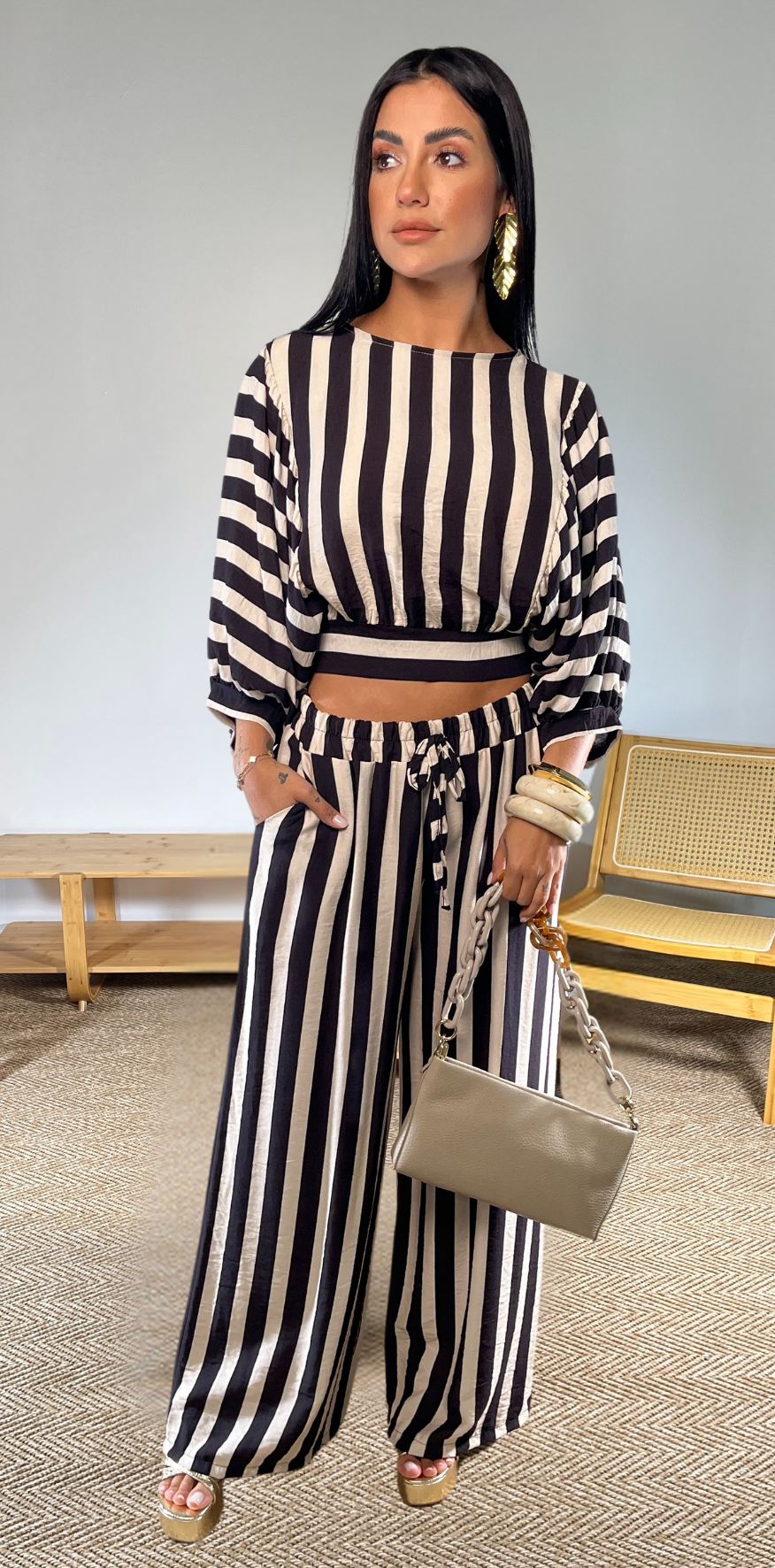 Black Stripes Beige Pants