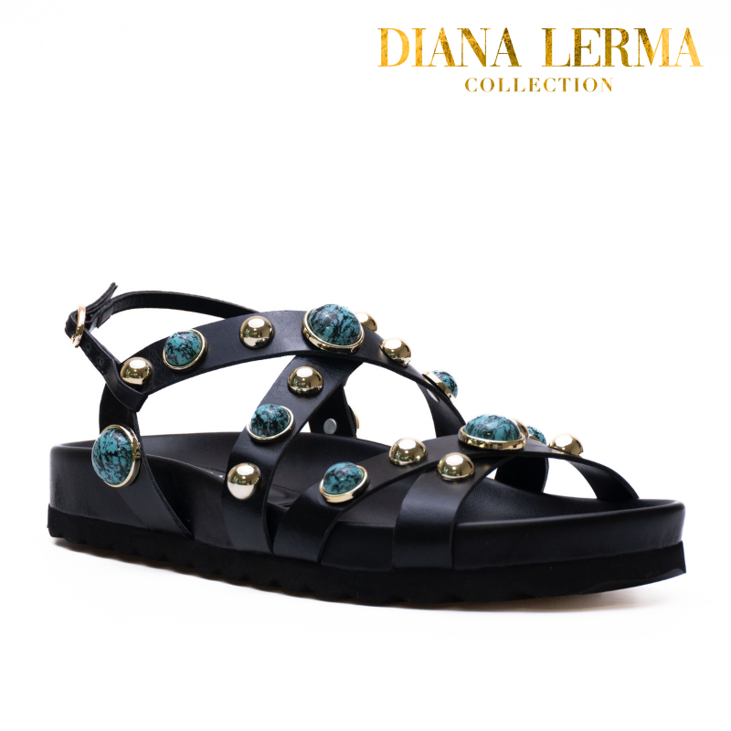 Blue Studs Black Sandals