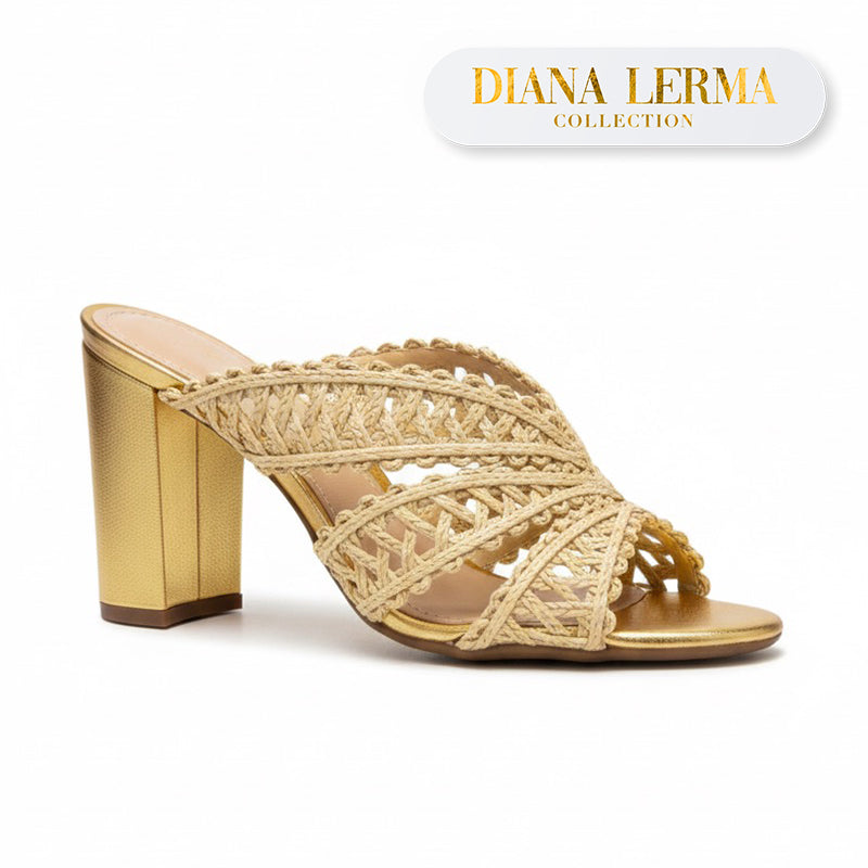 Beige Knit Gold Block Heels