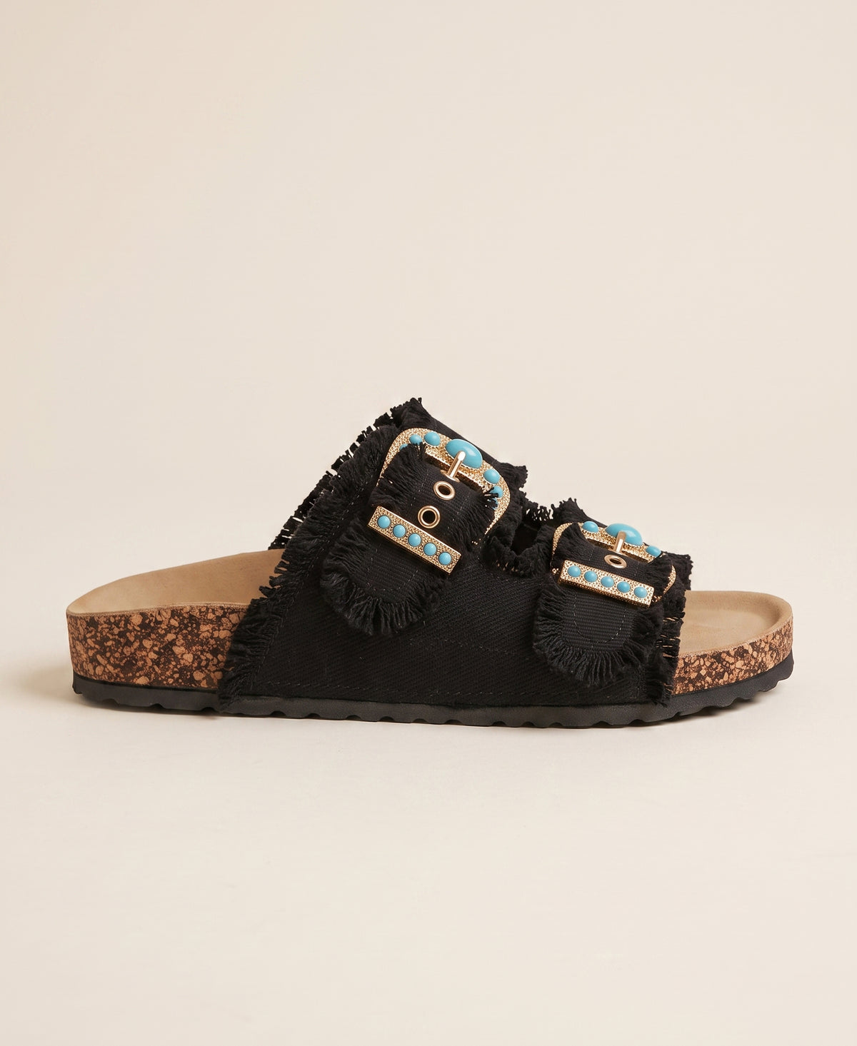 Turquoise Buckle Fringed Slide Sandals