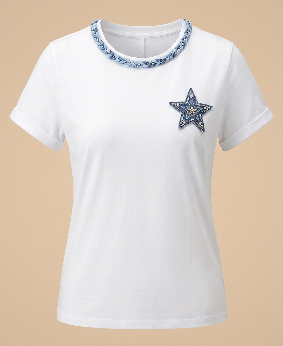 Braided Neckline Star Patch Tee