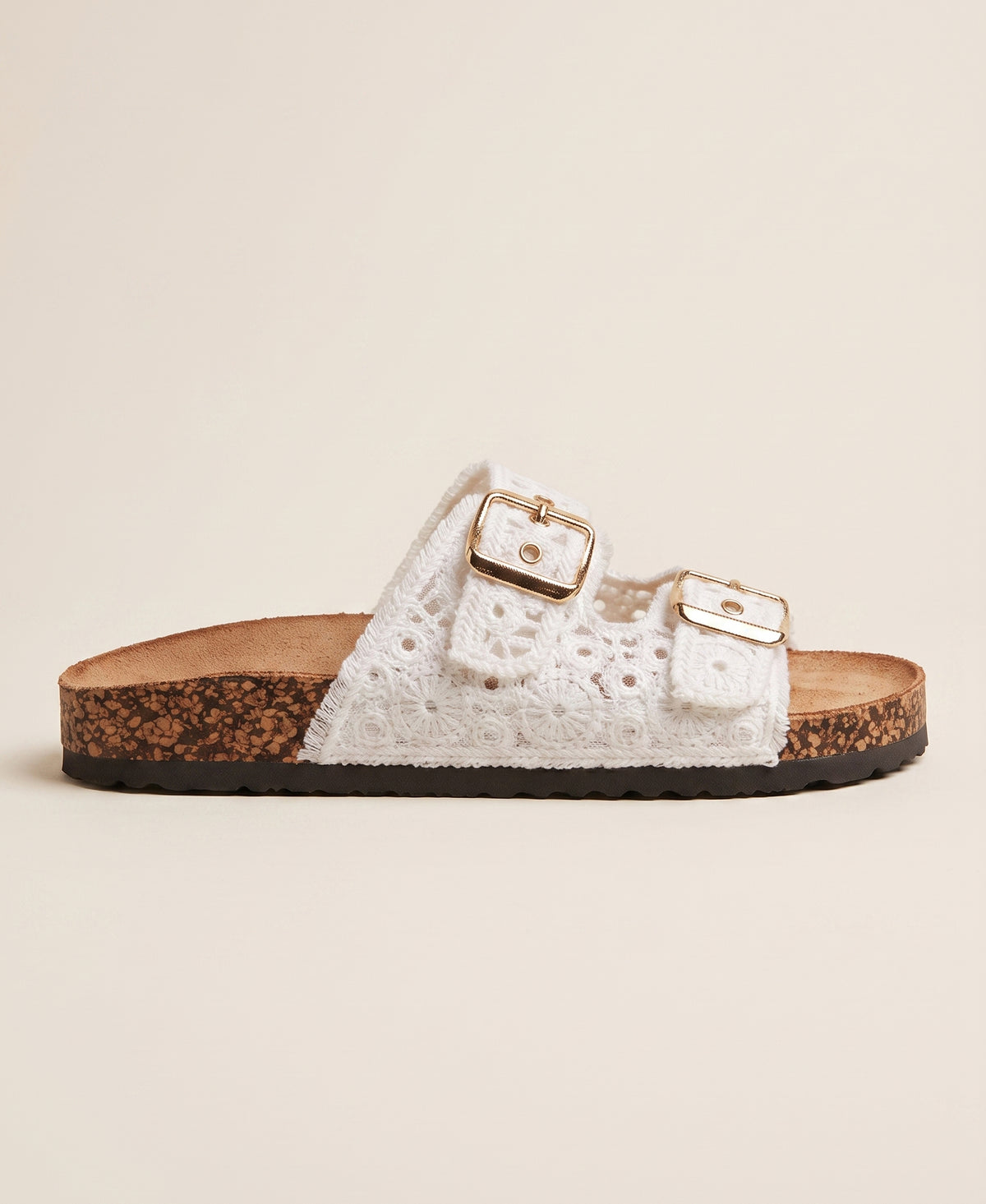 Crochet Eyelet Buckled Slide Sandals
