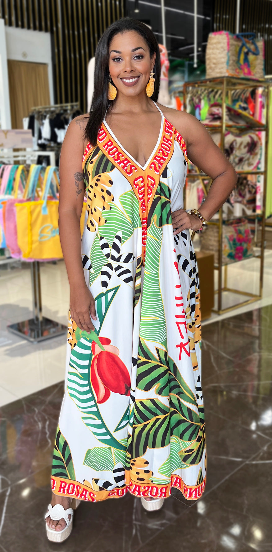 Tropical Print White Dress