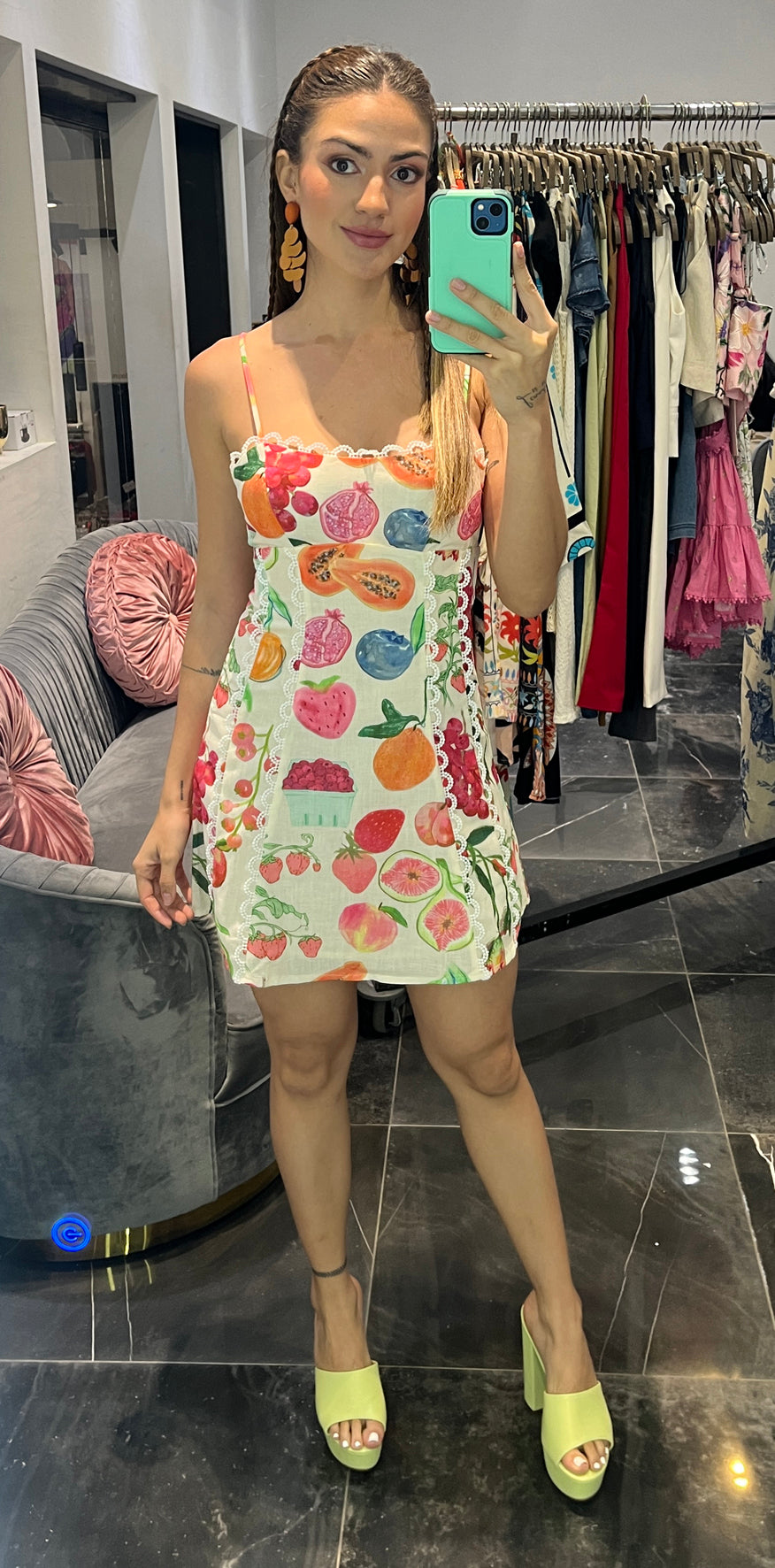 Fruits Print Beige Dress