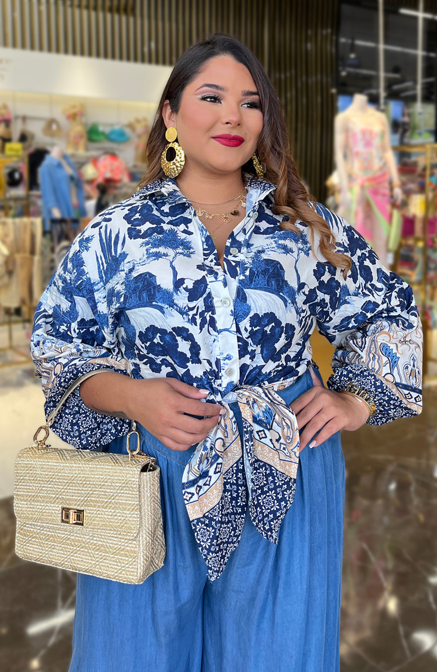 Blue Floral White Blouse