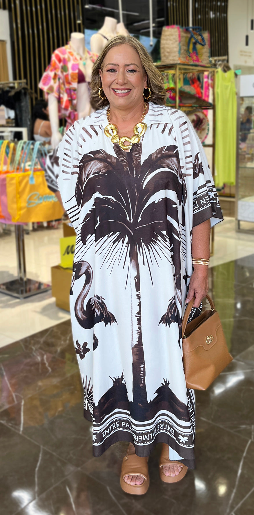 Brown Palm Tree White Dress