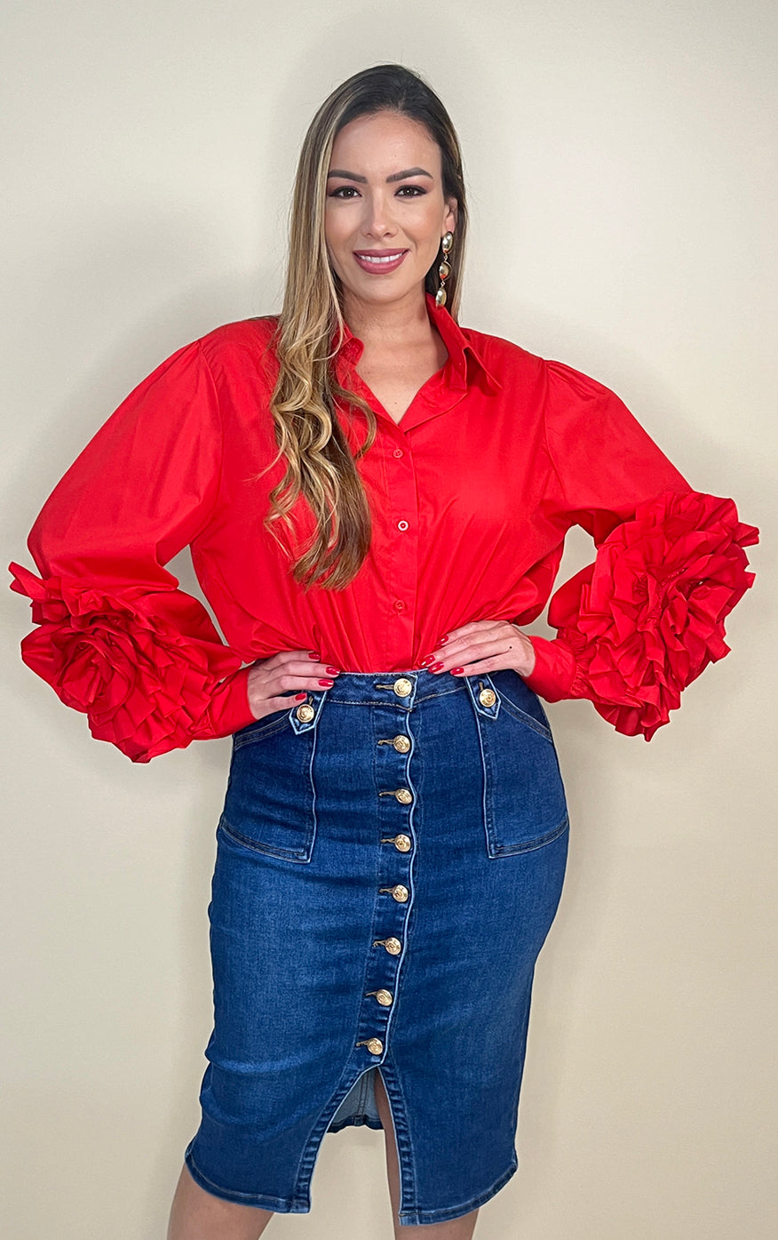 Red Dramatic Sleeves Blouse