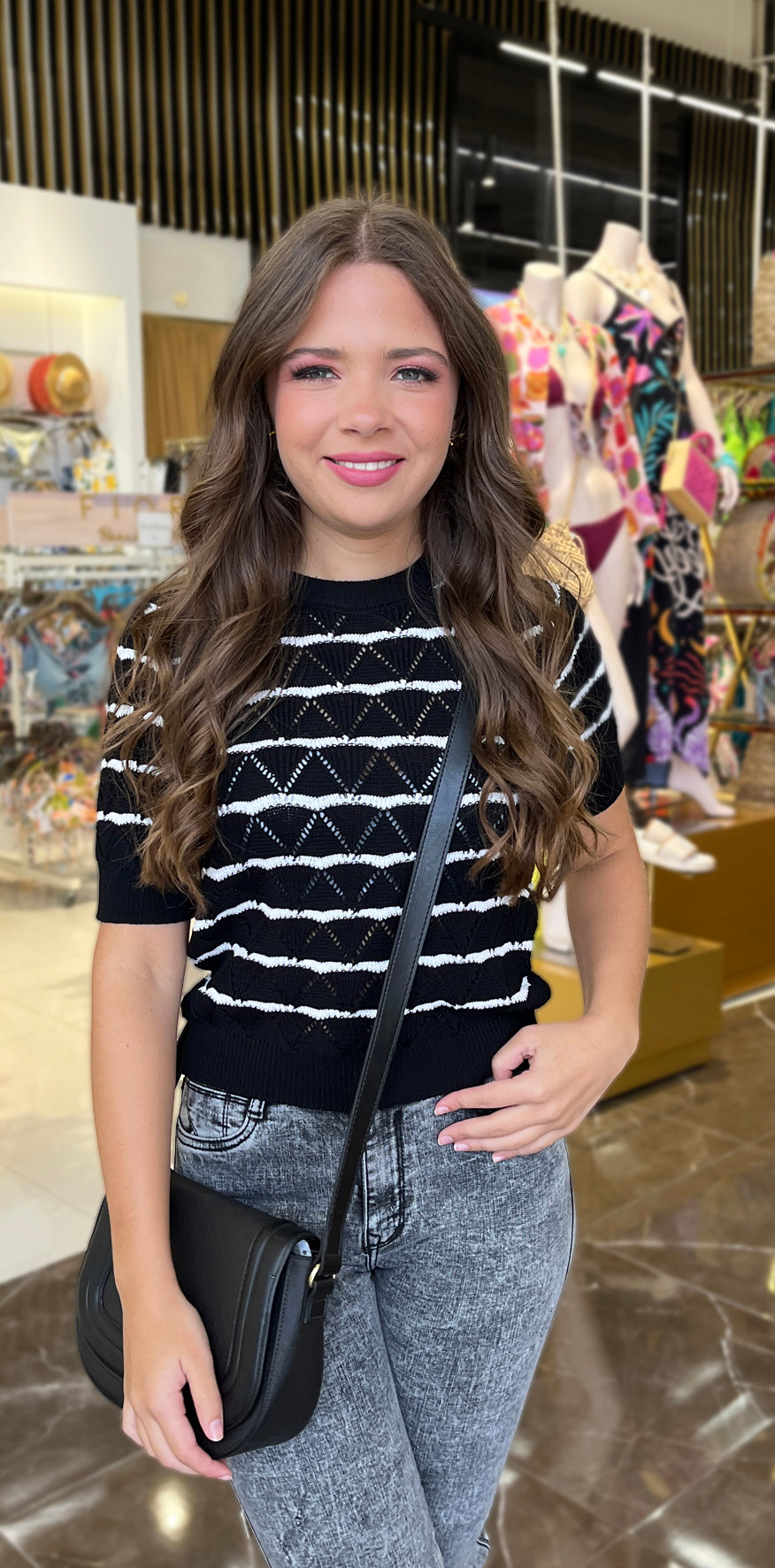 White Stripes Black Knit Top