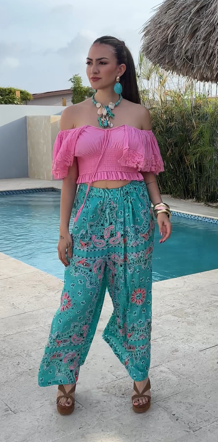 Turquoise Print Pants