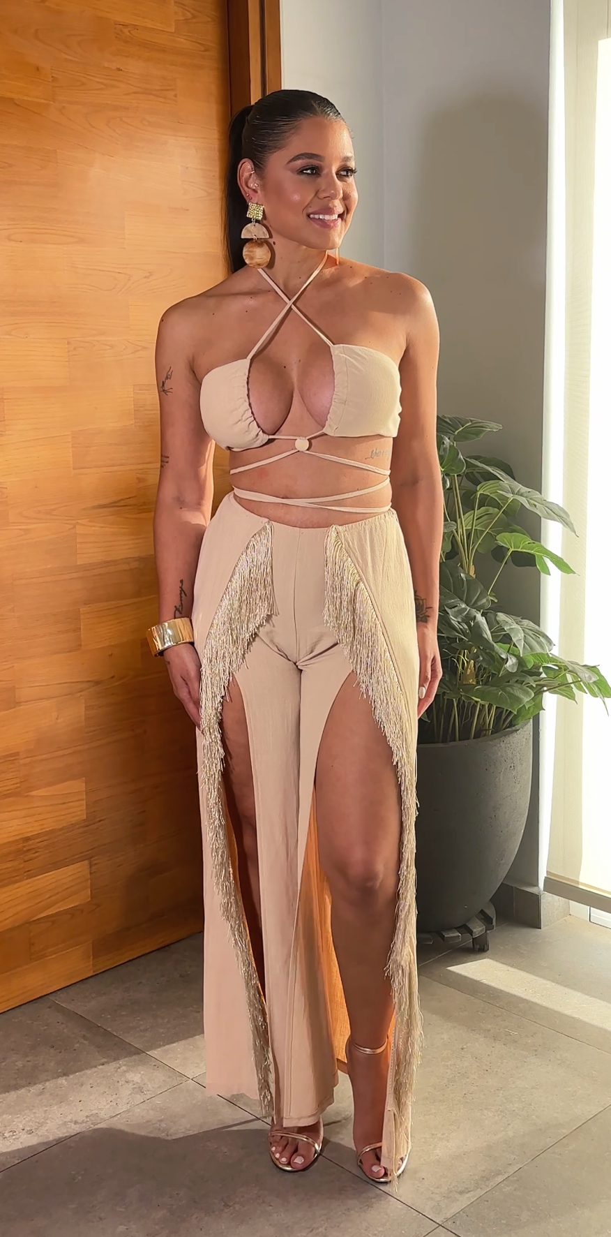 Beige Fringed Pants