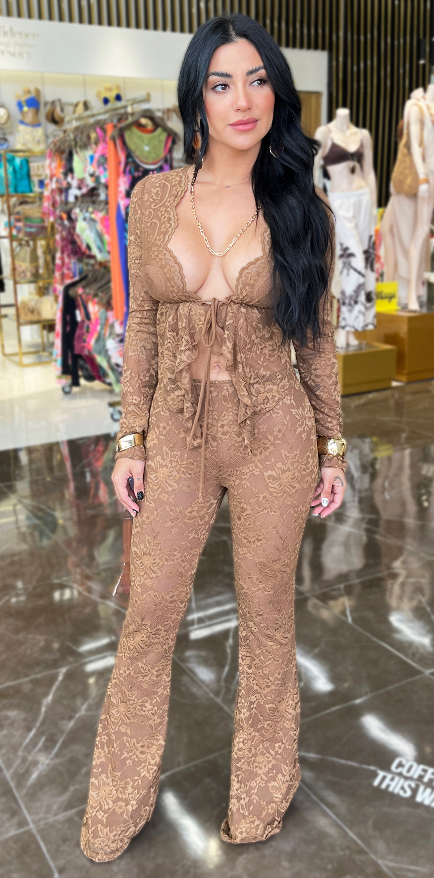 Mocha Floral Lace Pants