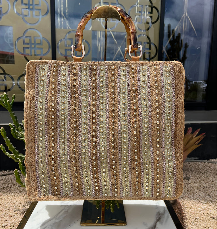 Beige Stripes Studded Handbag