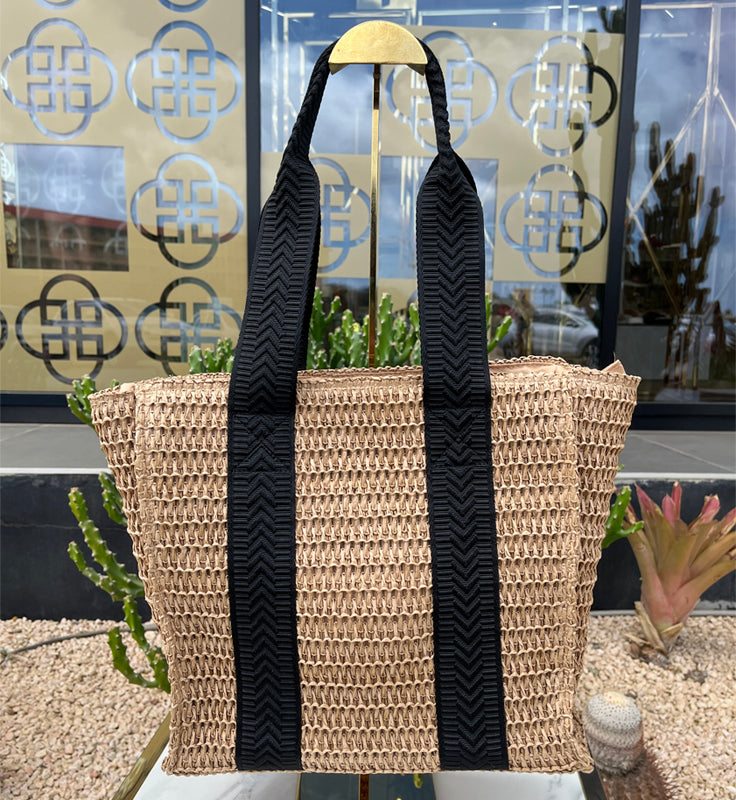 Black Straps Beige Handbag