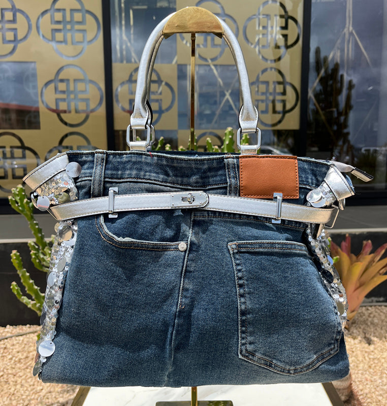 Gold Details Denim Blue Handbag