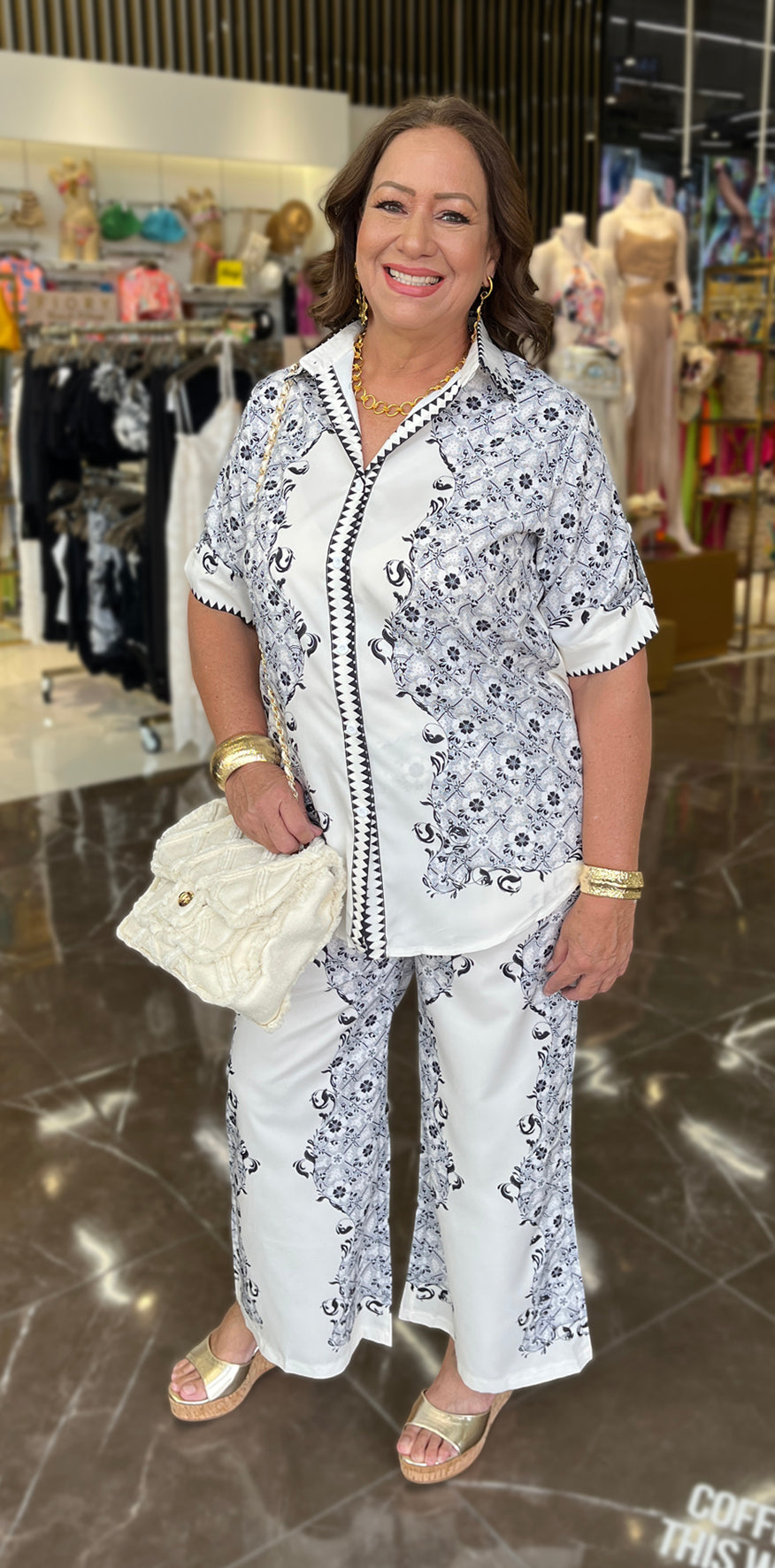 Black Floral Print White Pants
