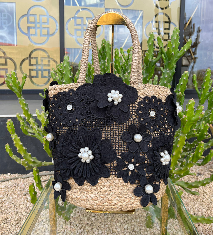 Black Floral Details Beige Handbag