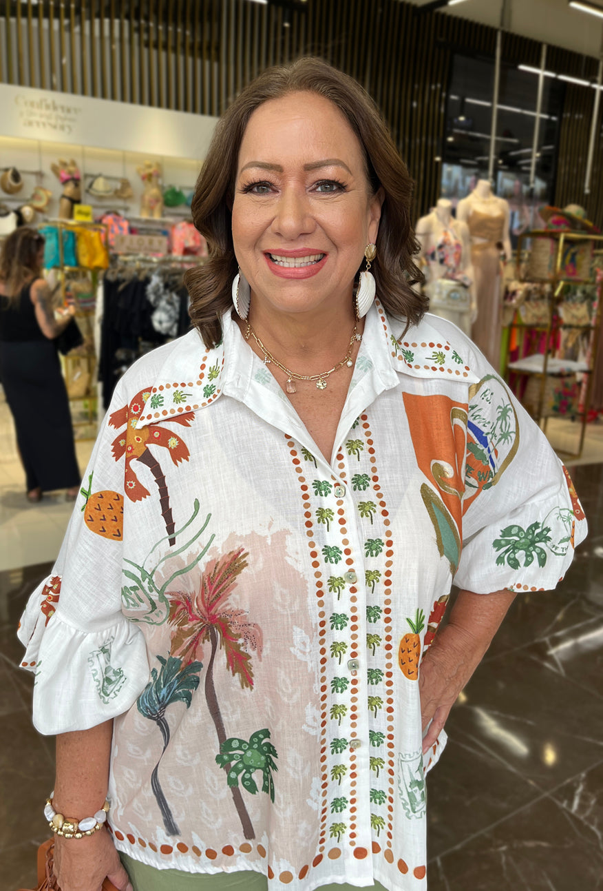 Tropical Print White Blouse
