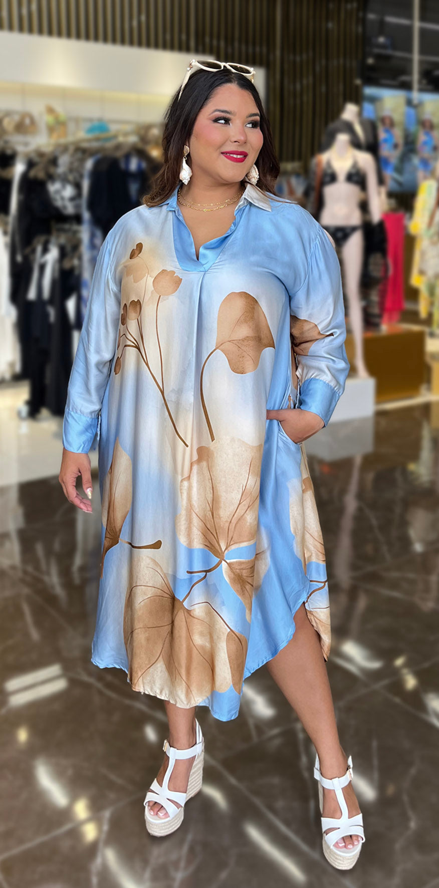 Beige Print Blue Dress