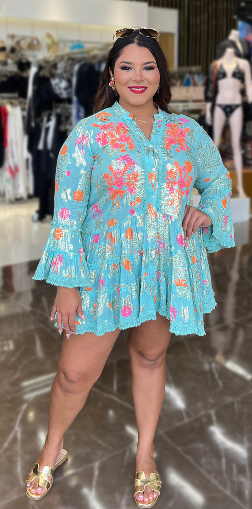 Orange Print Blue Dress