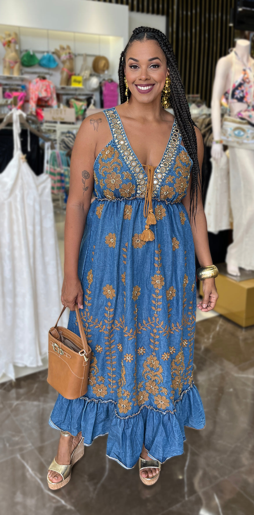 Beige Floral Blue Dress