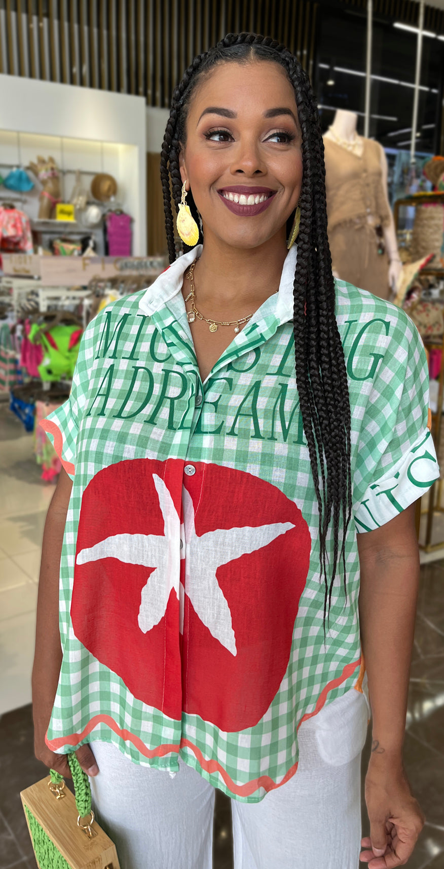 Green Checkered Print Blouse