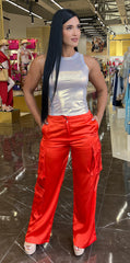 Red Silky Cargo Pants
