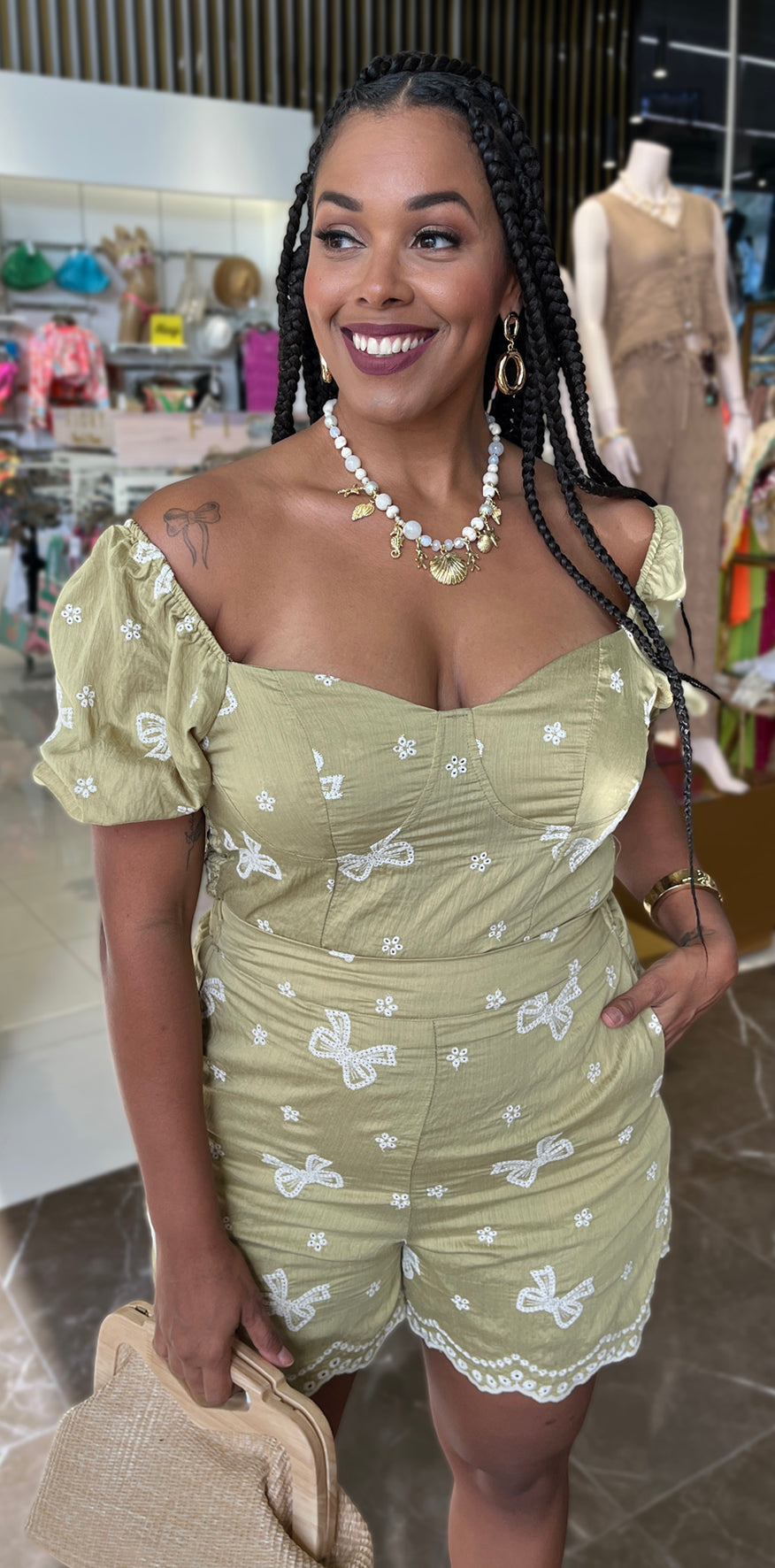 White Detail Green Blouse