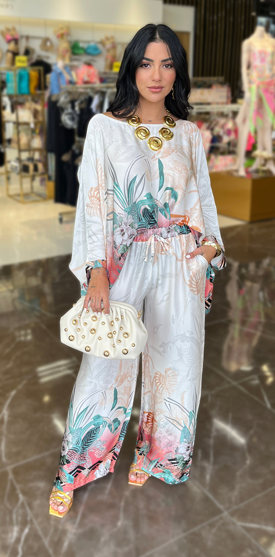 Peach and Green Print White Pants