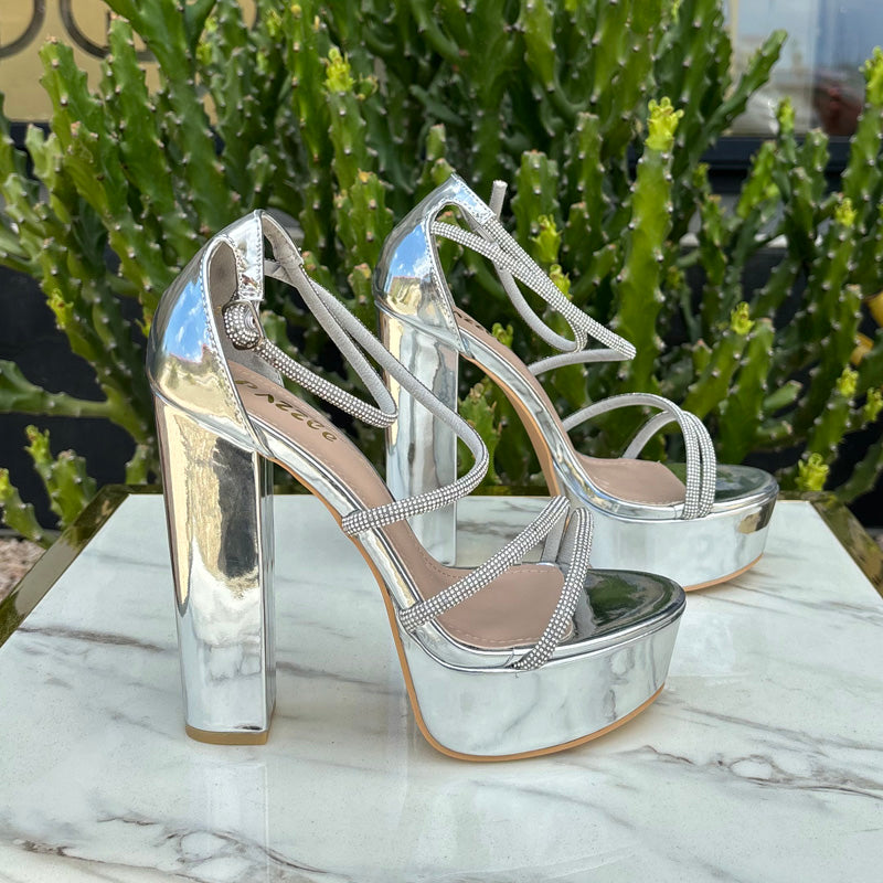 Glossy Silver Block Heels