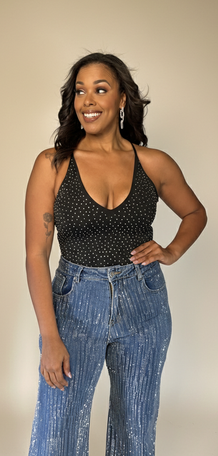 Rhinestones V-Neck Bodysuit