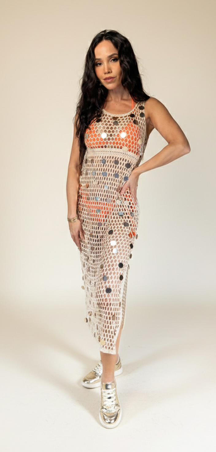 Beige Open-Knit Crochet Dress