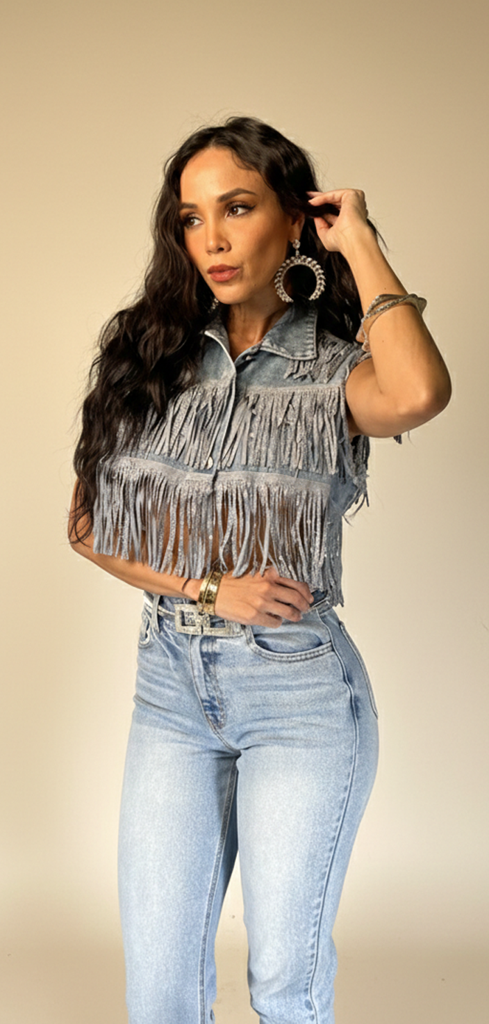Light Indigo Fringed Vest