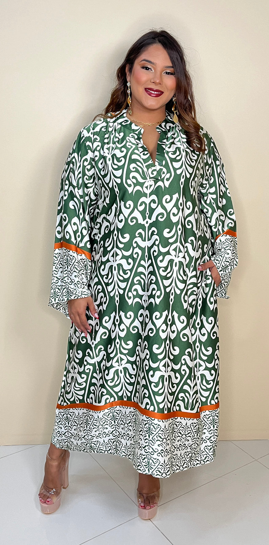 Green and White Print Dress