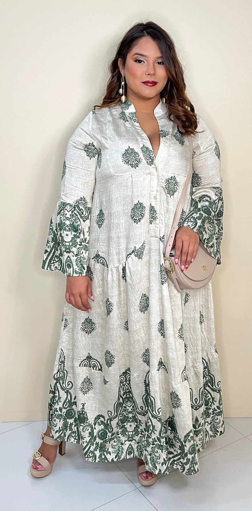 Green Print Creme Dress