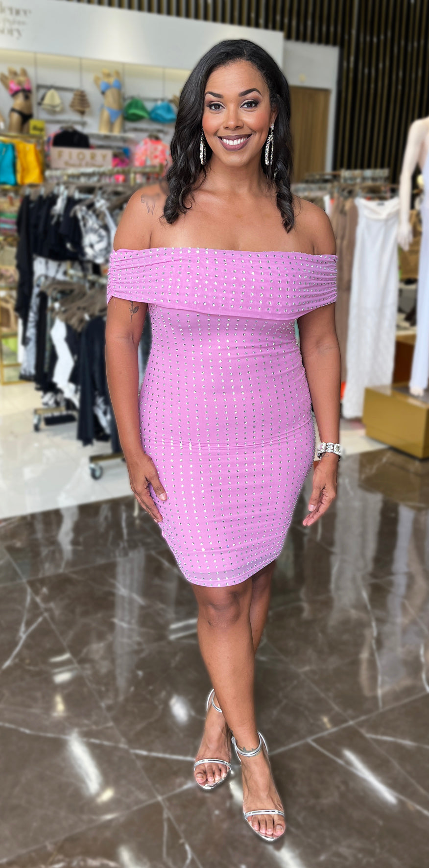 Pink Studded Off the Shoulder Dress