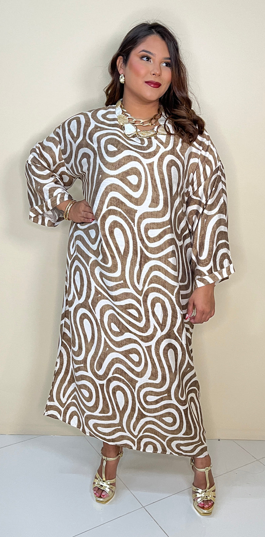 Retro Beige Print Dress