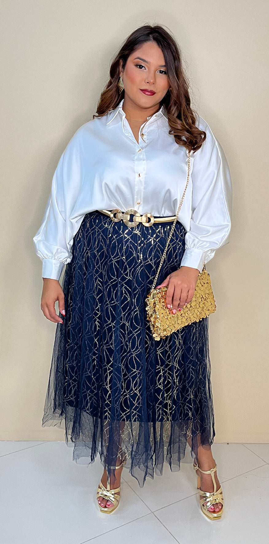 Gold Sequin Navy Skirt