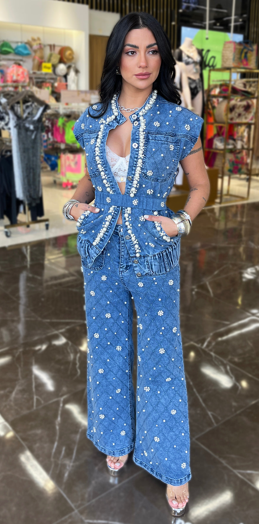 Pearl Studded Blue Jeans