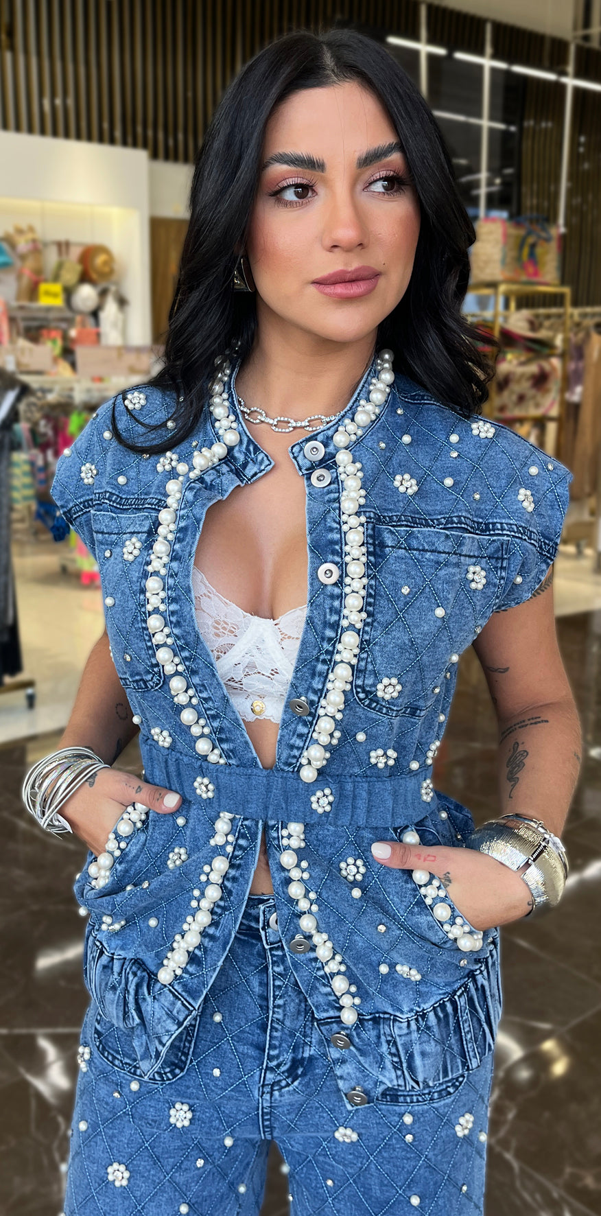 Pearl Studded Blue Denim Vest