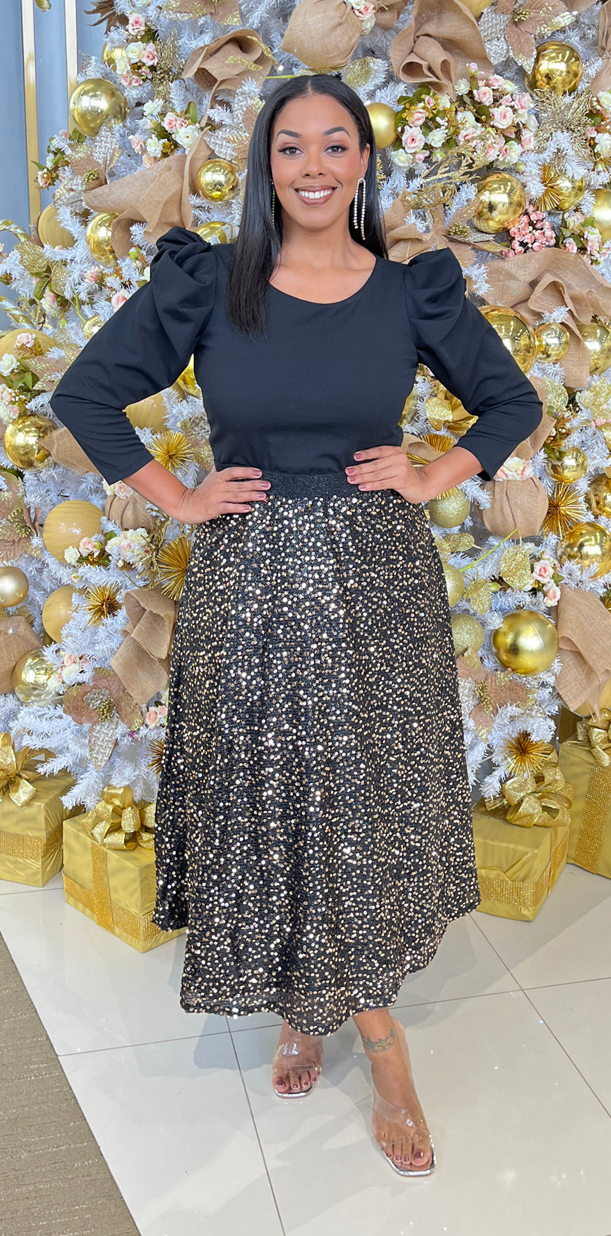 Gold Sequin Black Skirt