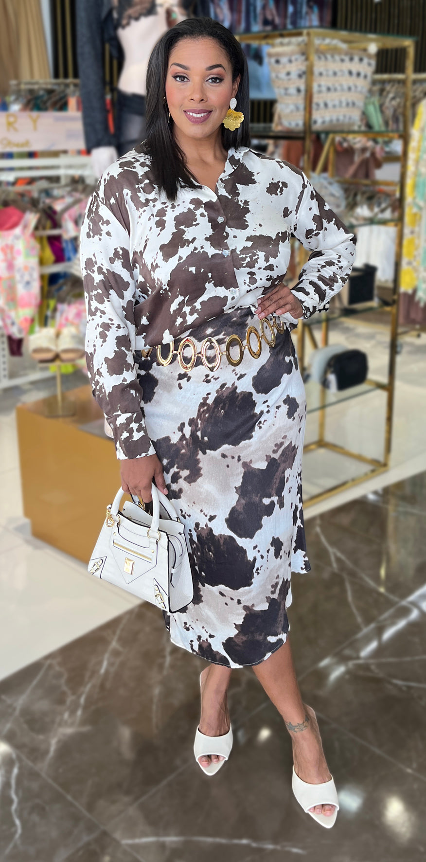 Brown Print White Skirt