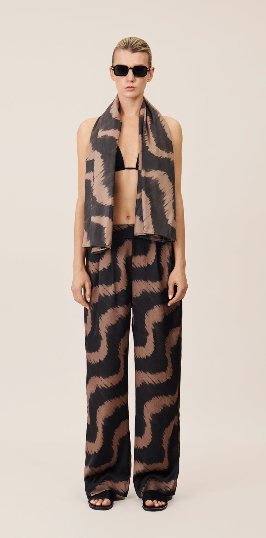 Beige and Black Print Beach Pants