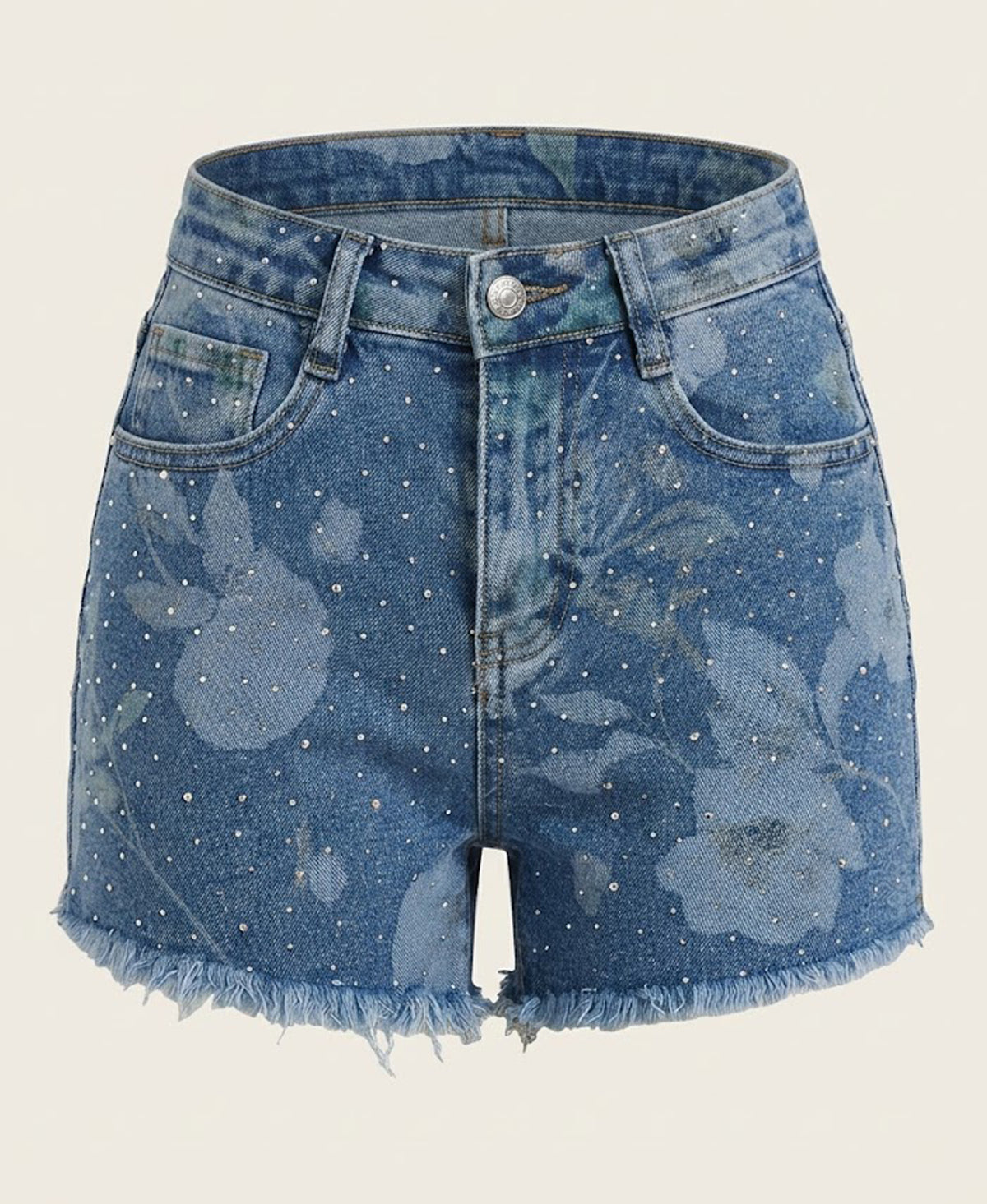 Floral Rhinestone Frayed Denim Shorts