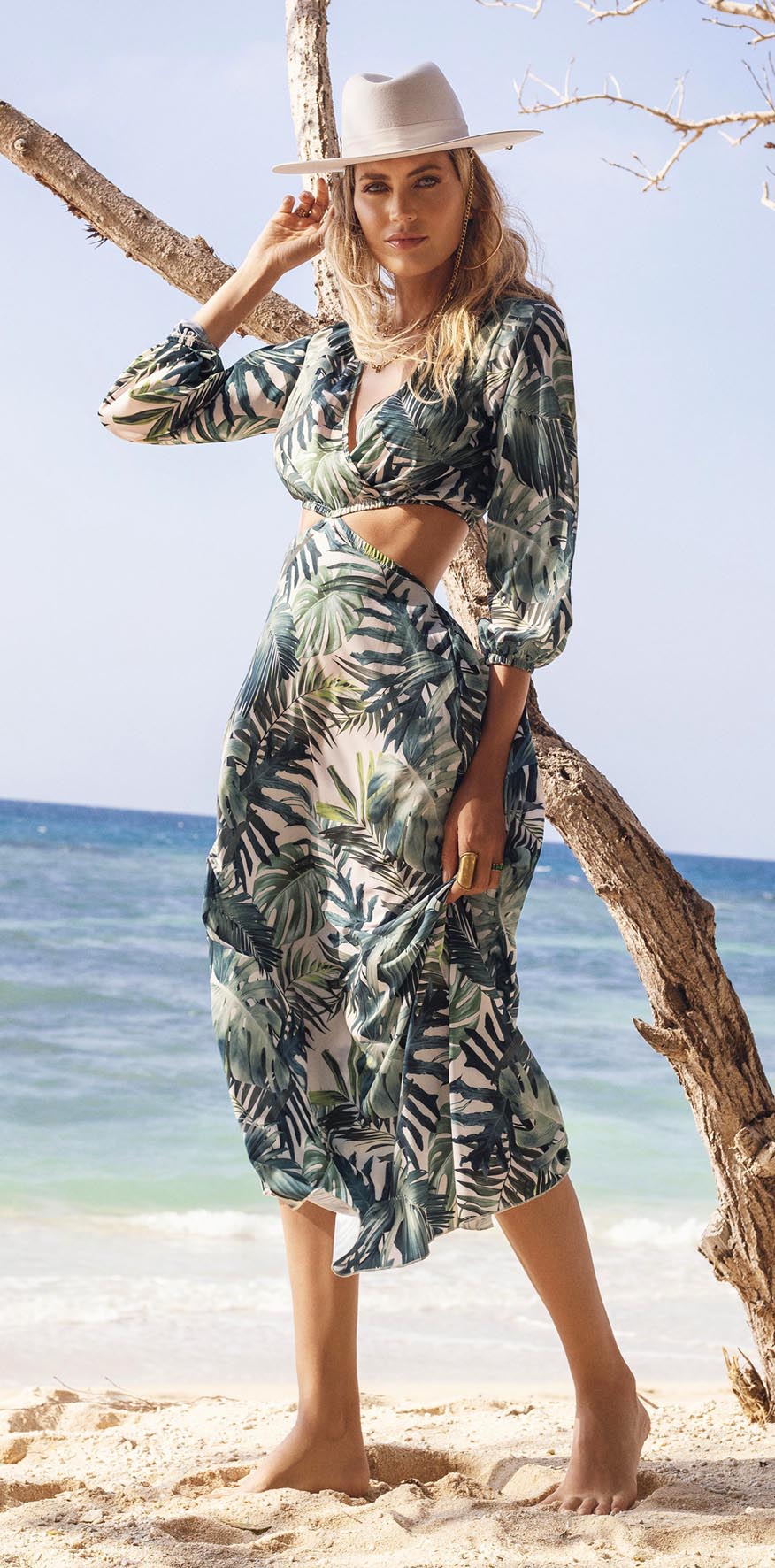 Tropical Green Leaves Maxi Dress