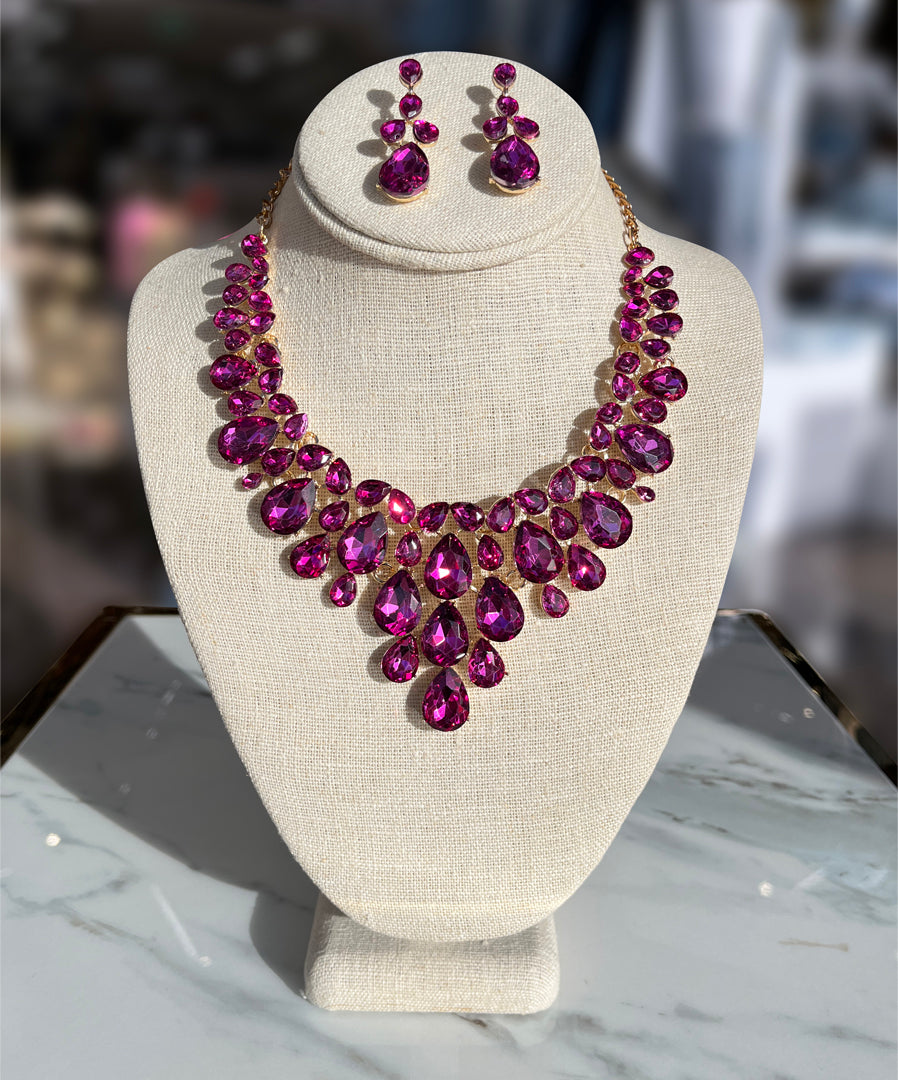 Fucsia Rhinestone Necklaces & Earrings